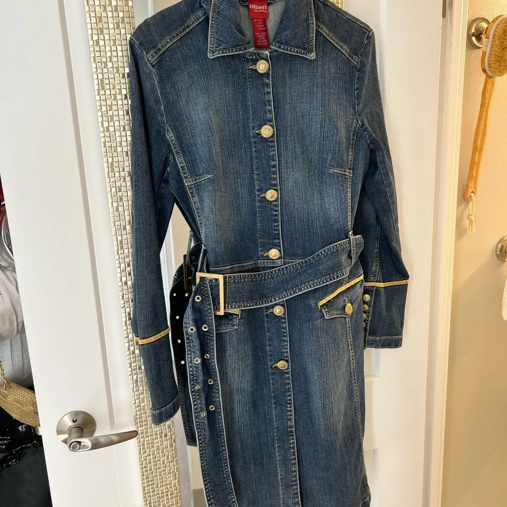 OLSEN EUROPE BLUE AND GOLD DENIM TRENCH COAT… SIZE 38… NEW WITH TAGS. - Picture 8 of 16